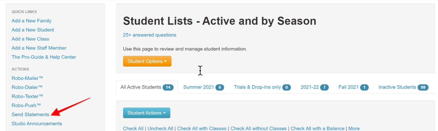 Student management dashboard interface