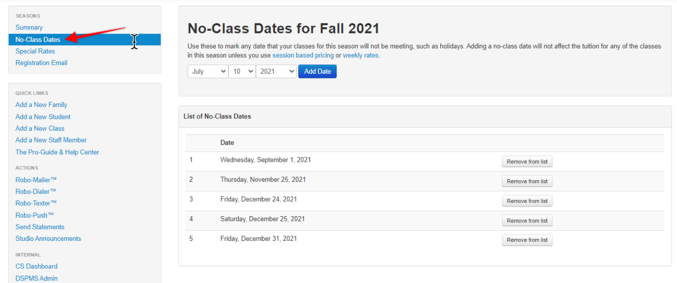 No-Class Dates for Fall 2021 list