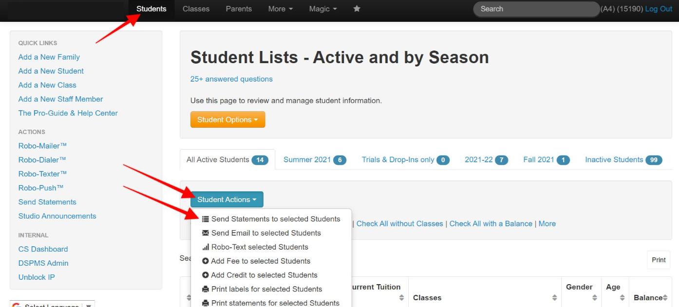 Student management dashboard interface