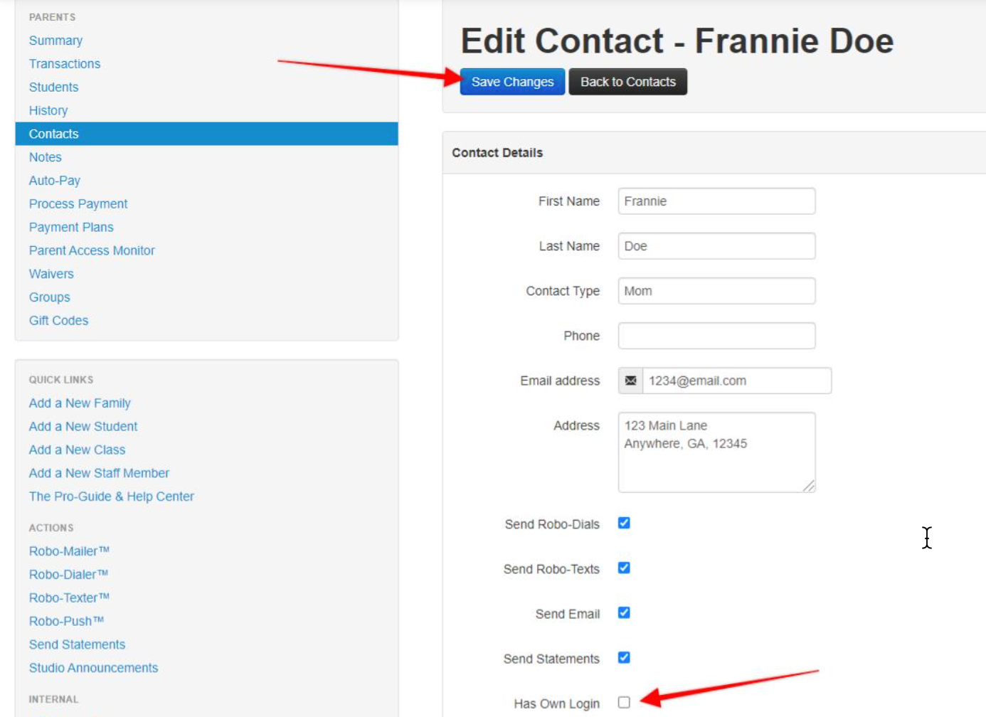 Edit Contact page with form fields and options.