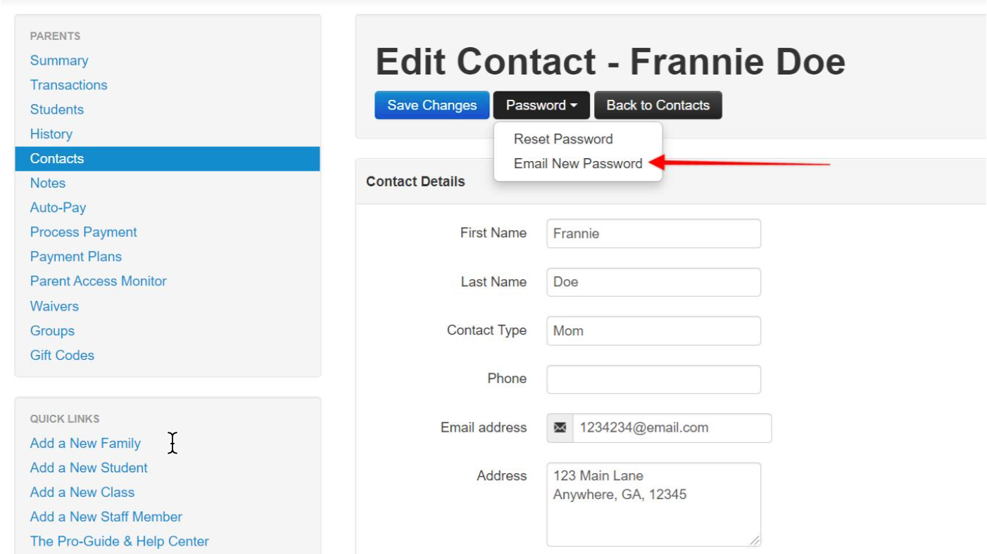 Edit Contact page with password options.