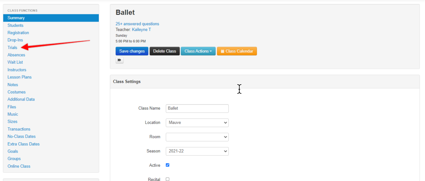 Class settings page for ballet class.