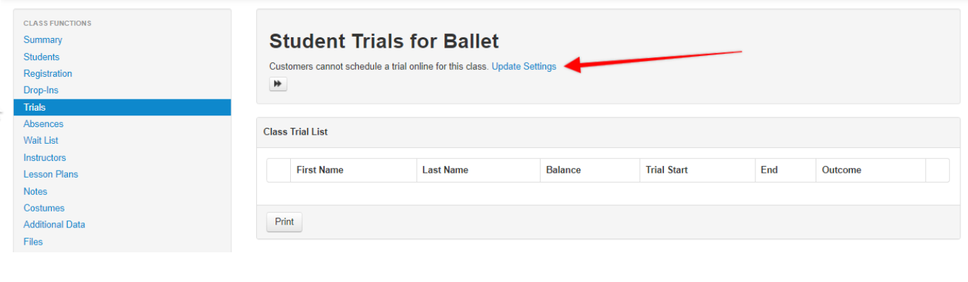 Student Trials for Ballet page interface