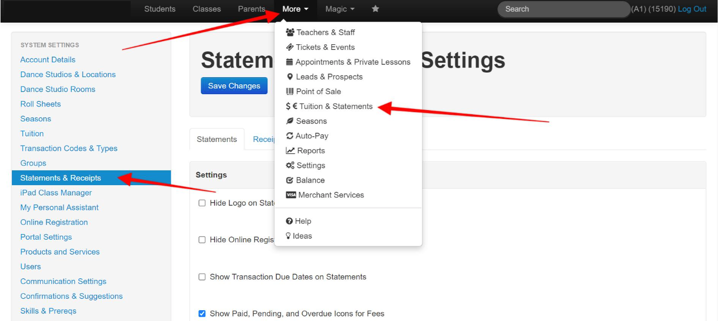 Settings menu with highlighted options.