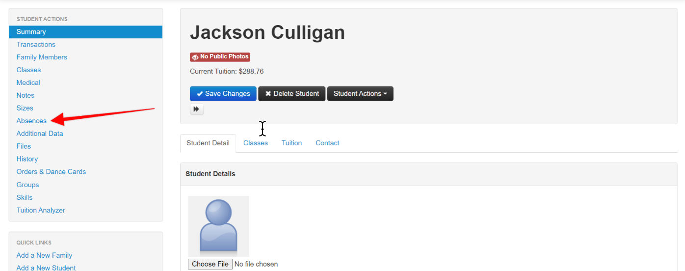 Student profile management interface.