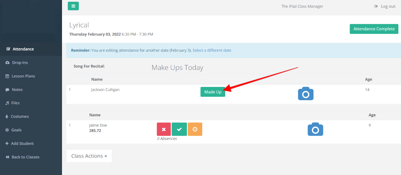 Attendance management interface screenshot.