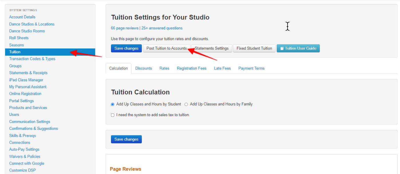 Tuition settings page with menu and options.