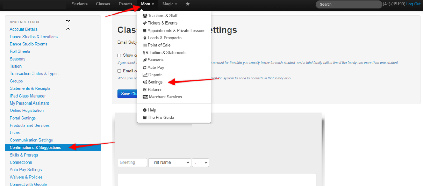 Settings menu with dropdown options.