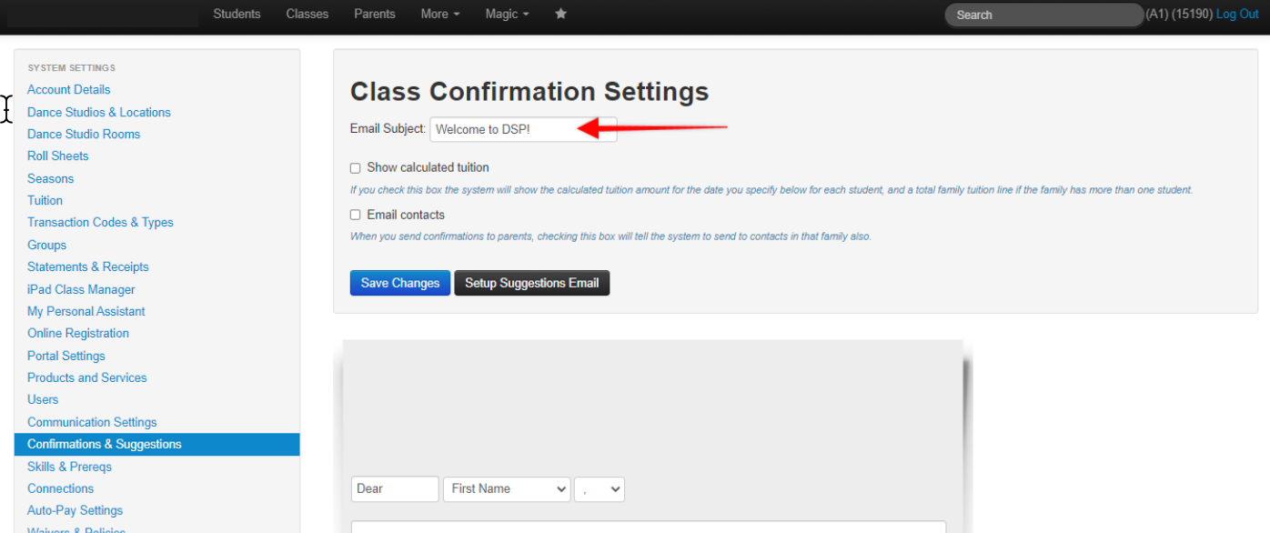 Class Confirmation Settings page