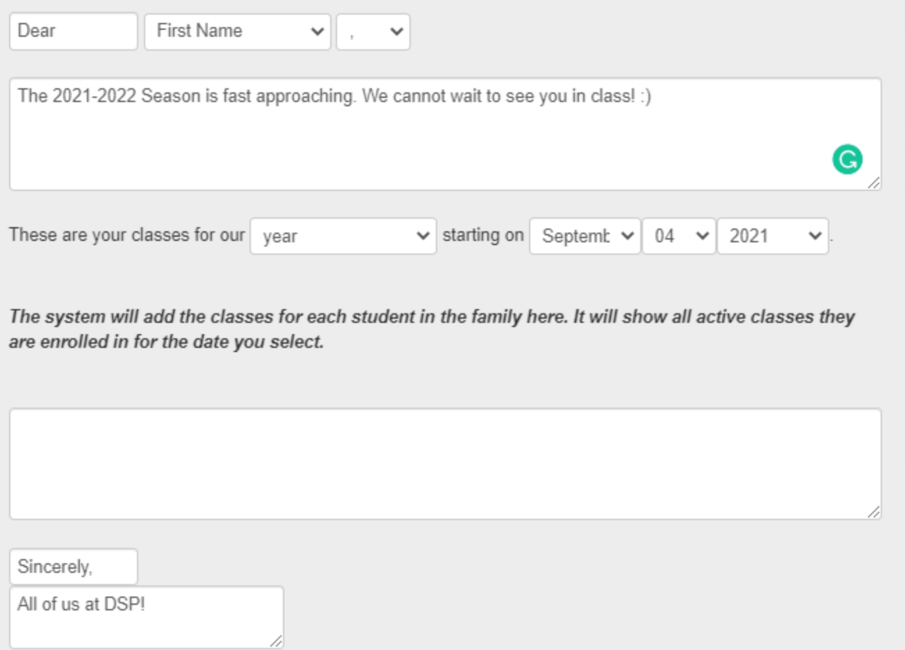 Email template for class schedule.