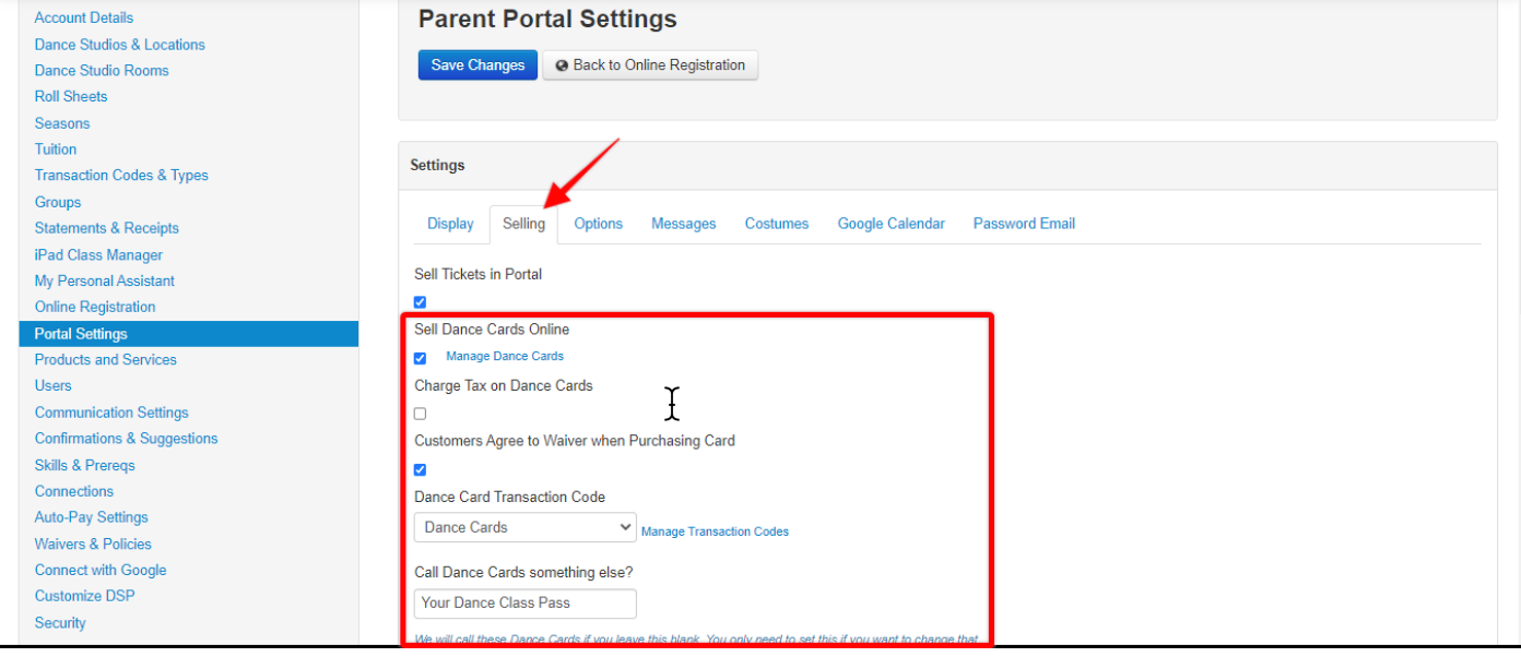 Parent Portal Selling Settings Screen