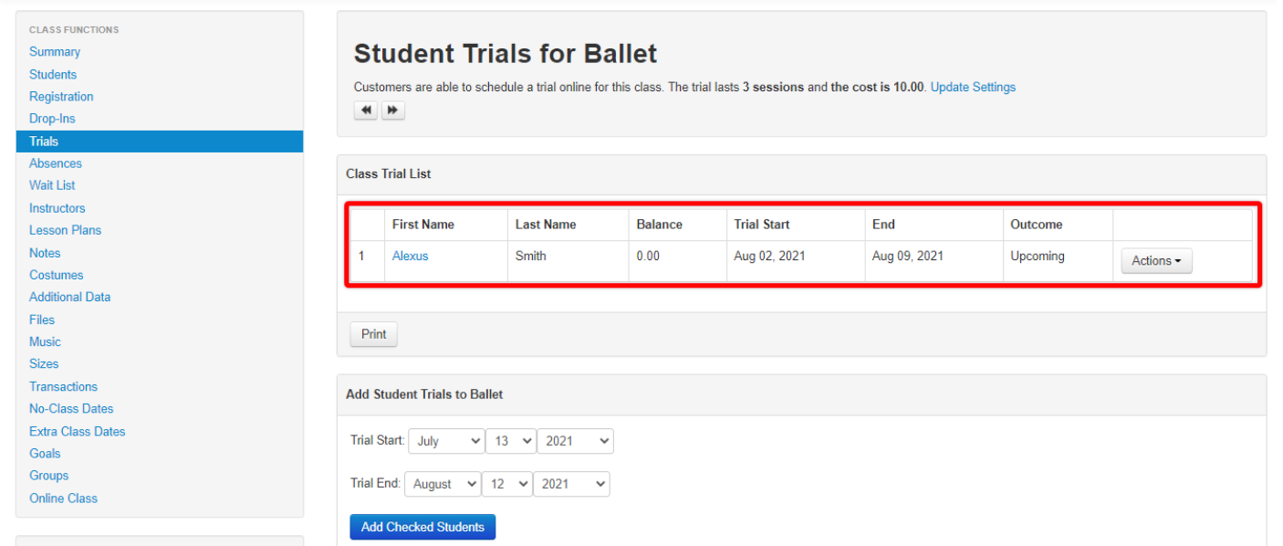 Student ballet trial schedule interface.