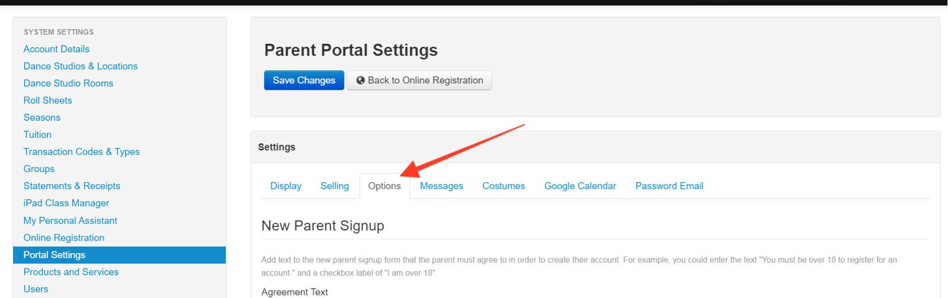Parent Portal Settings page interface.