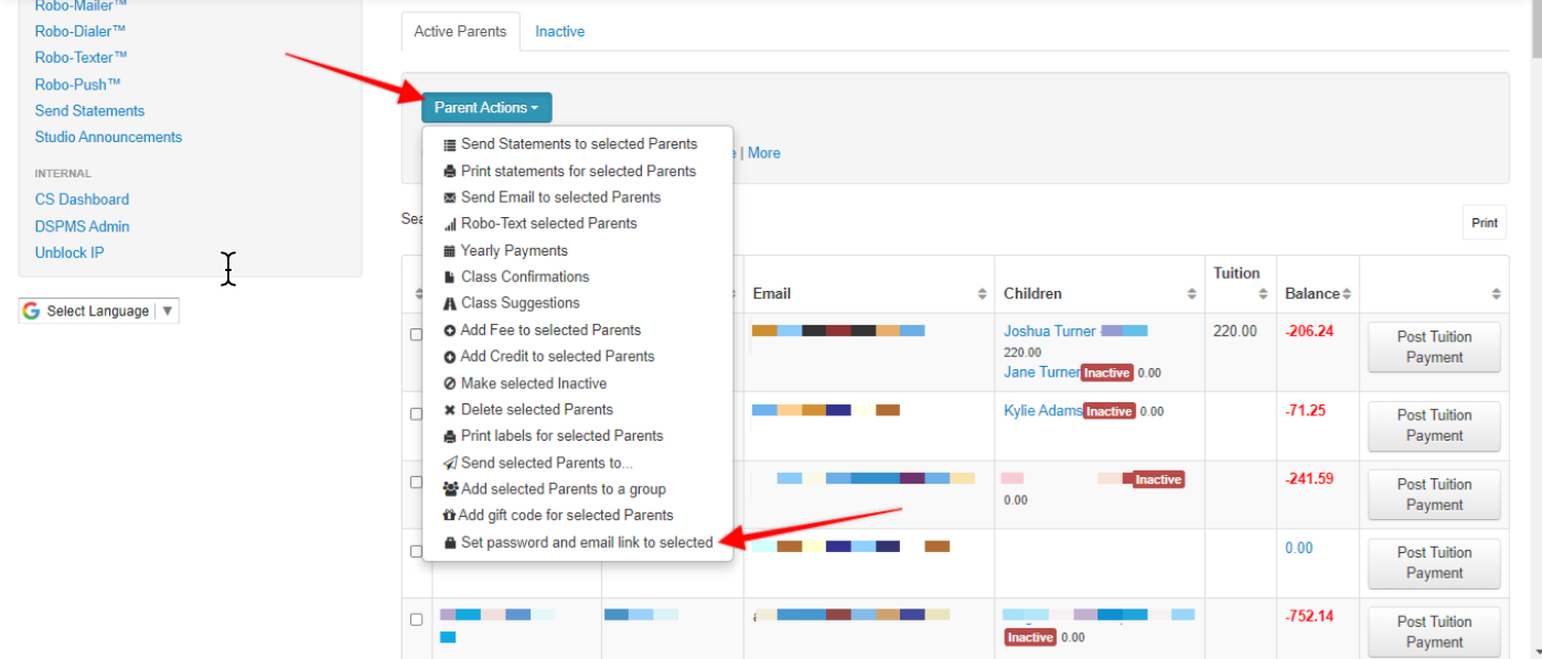 Dropdown menu with parent actions options.
