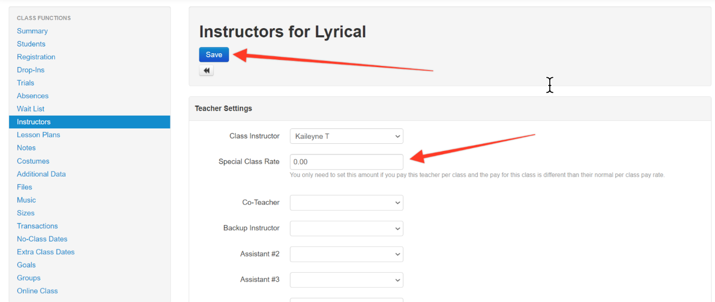 Teacher settings form with save button.