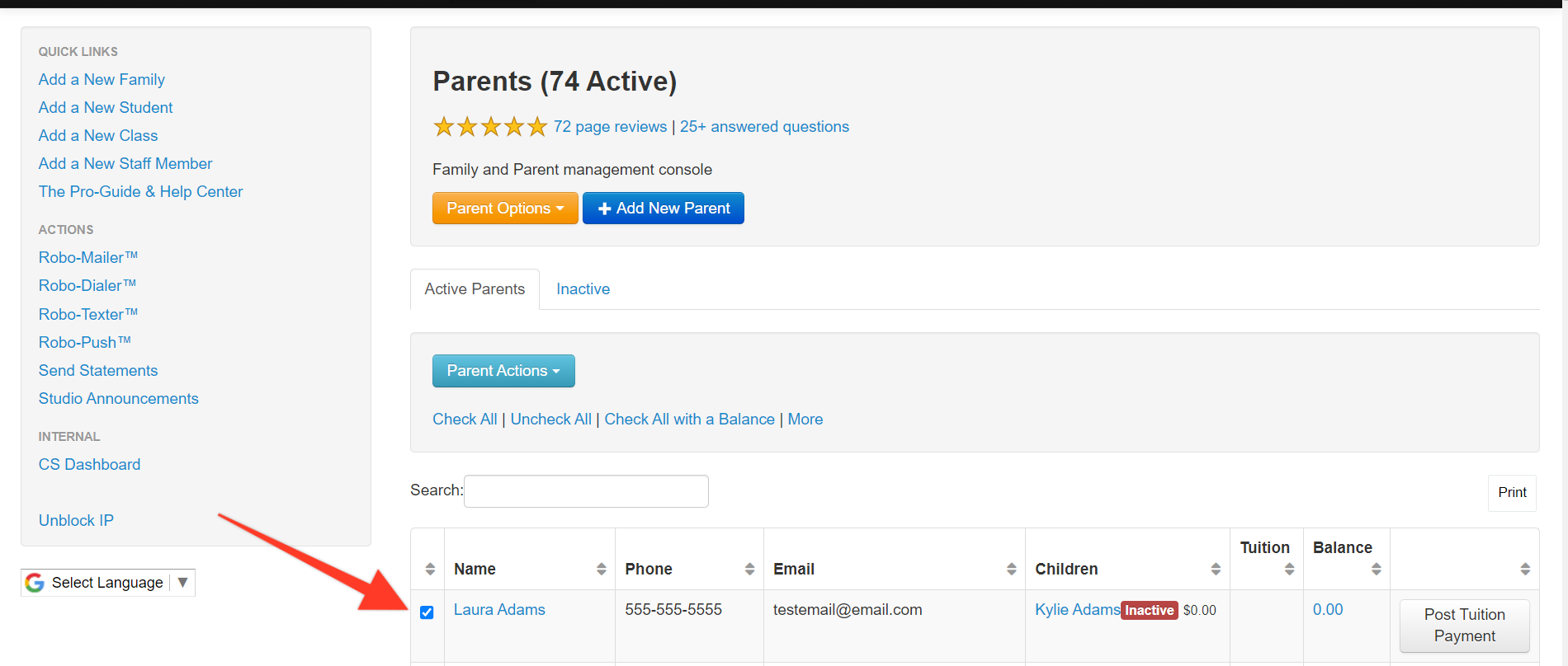 Parent management console interface