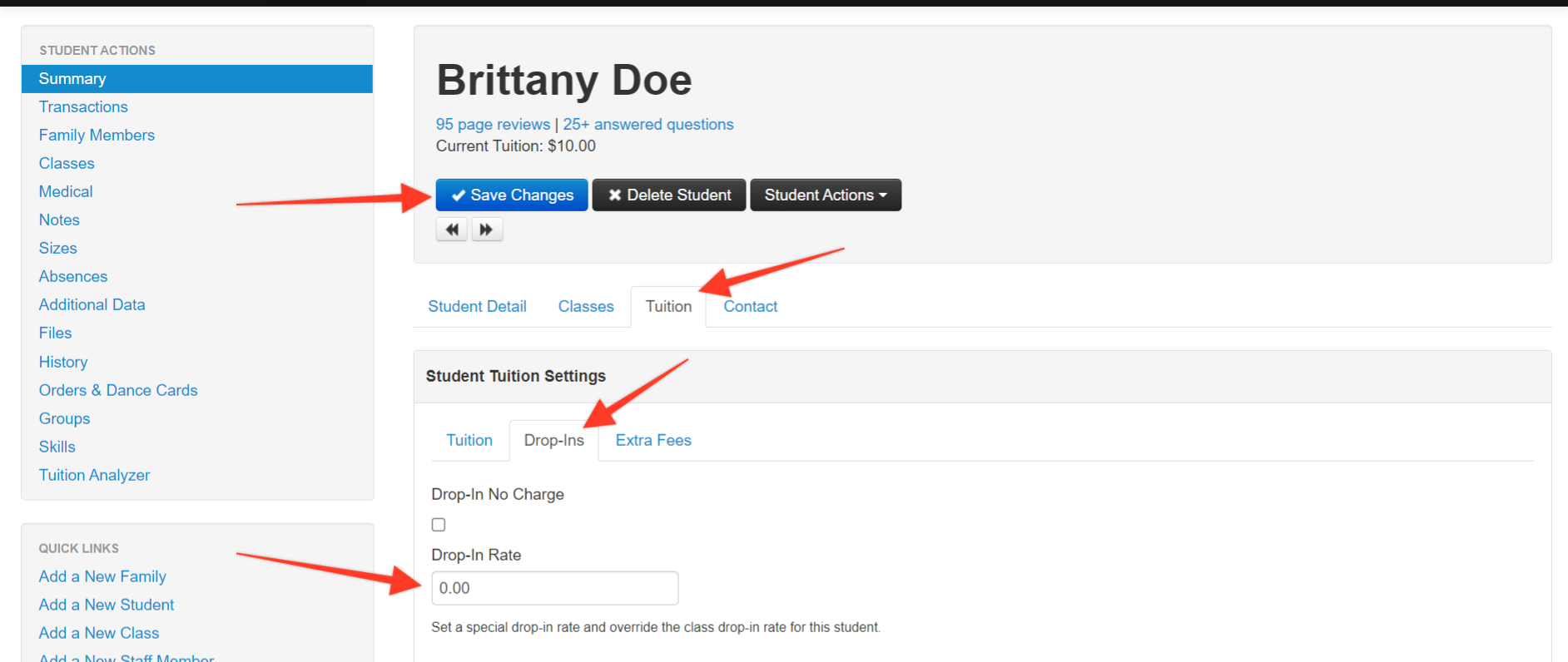 Student tuition settings interface
