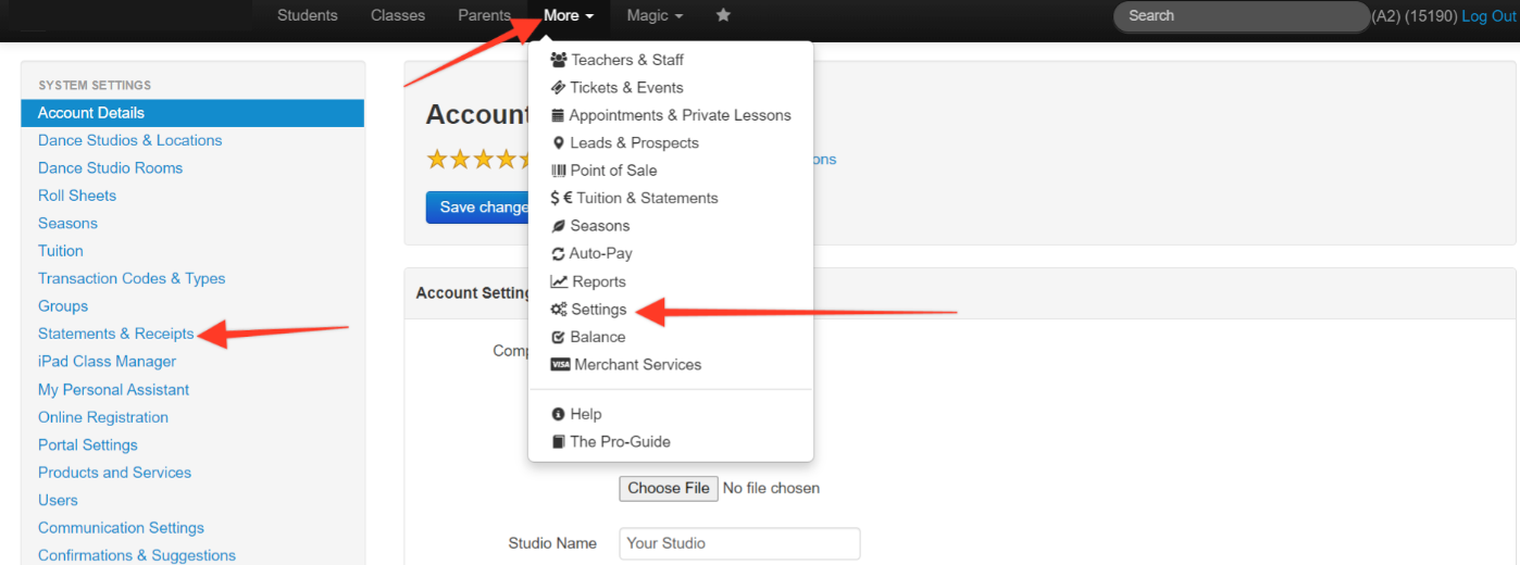 Menu navigation with dropdown options.