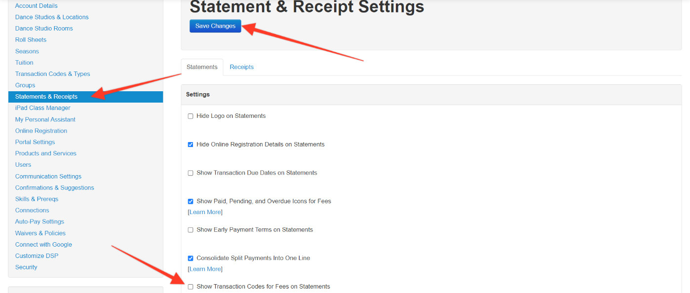 Statement & Receipt settings page.