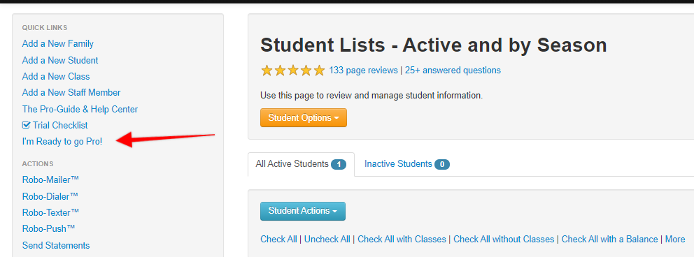 Student management dashboard interface.