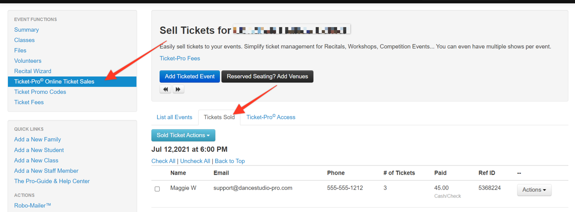 Ticket sales dashboard with event details.