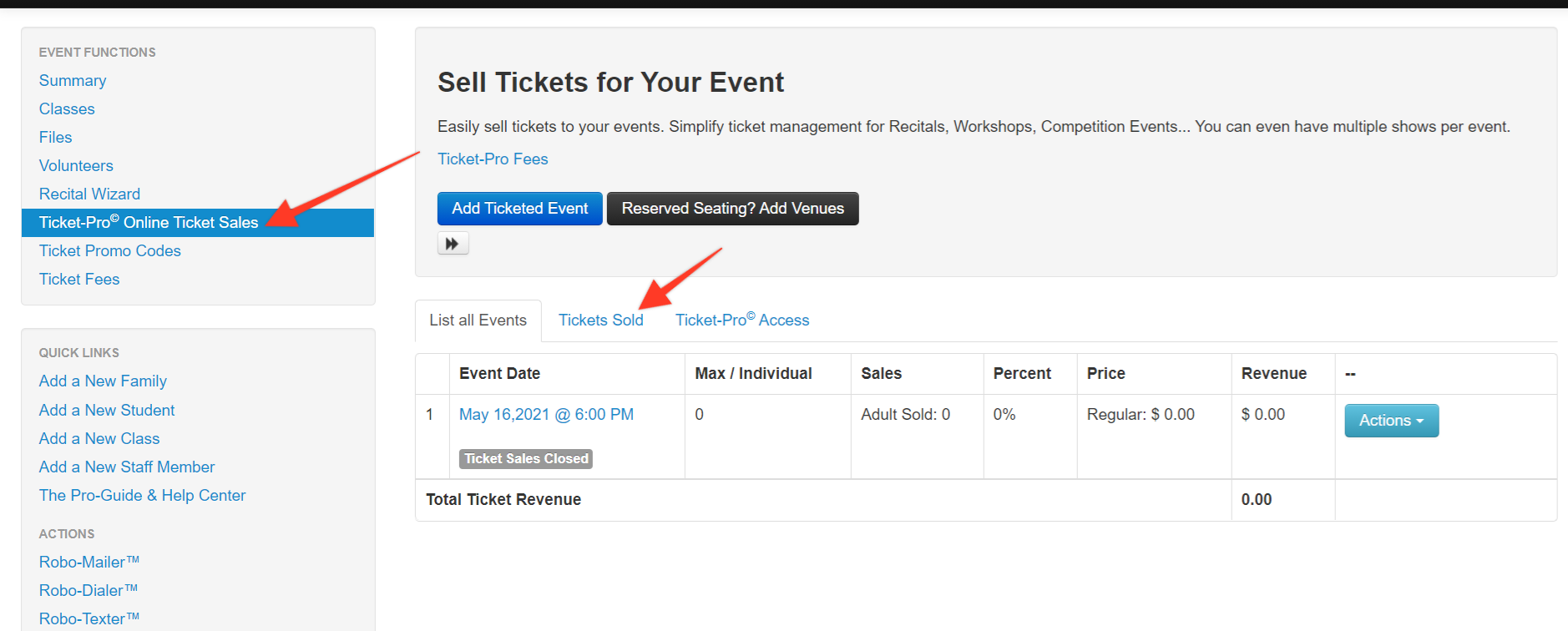 Ticket sales management interface screenshot.