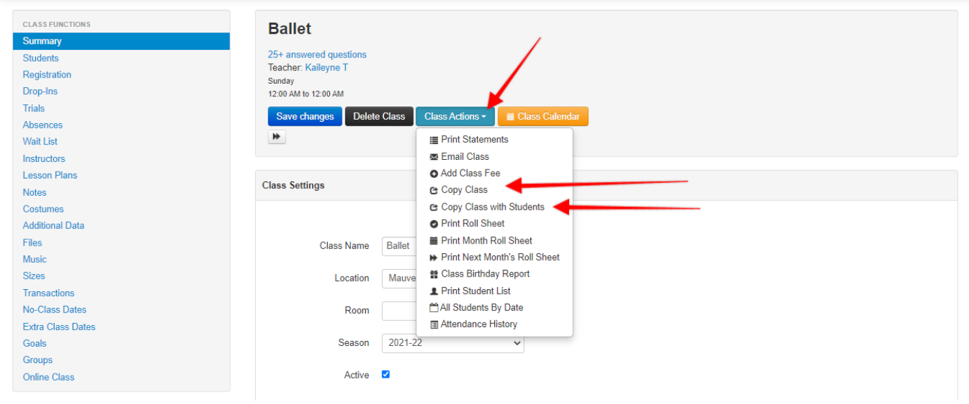 Class actions dropdown menu highlighted.