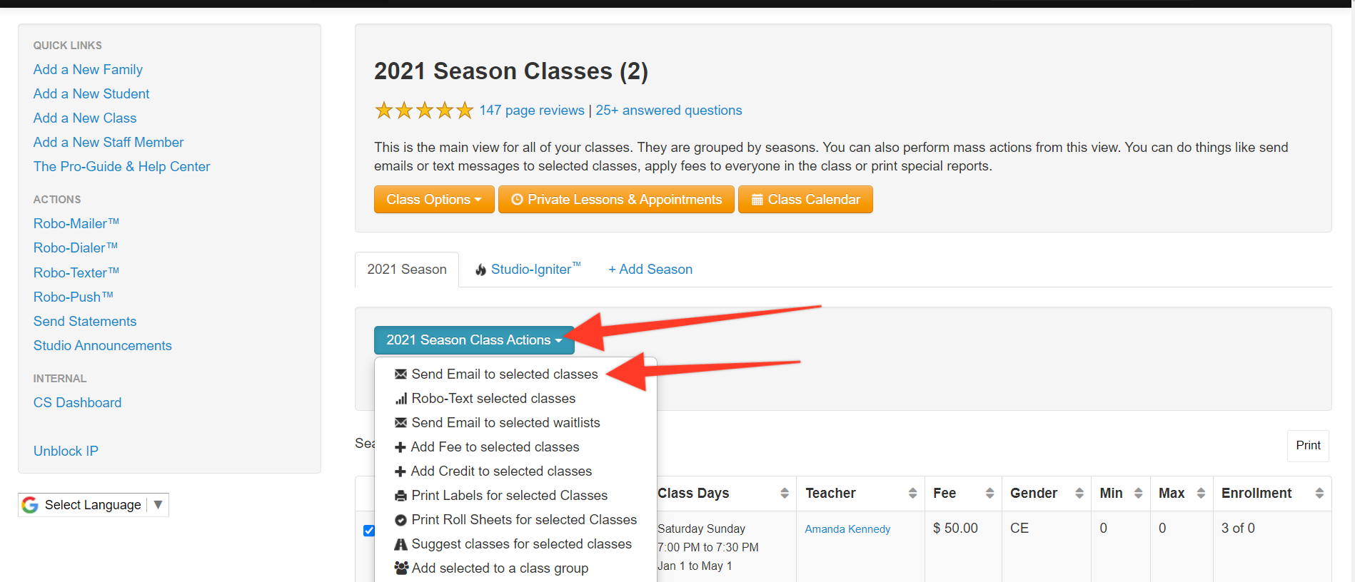 Class management interface with action menu.