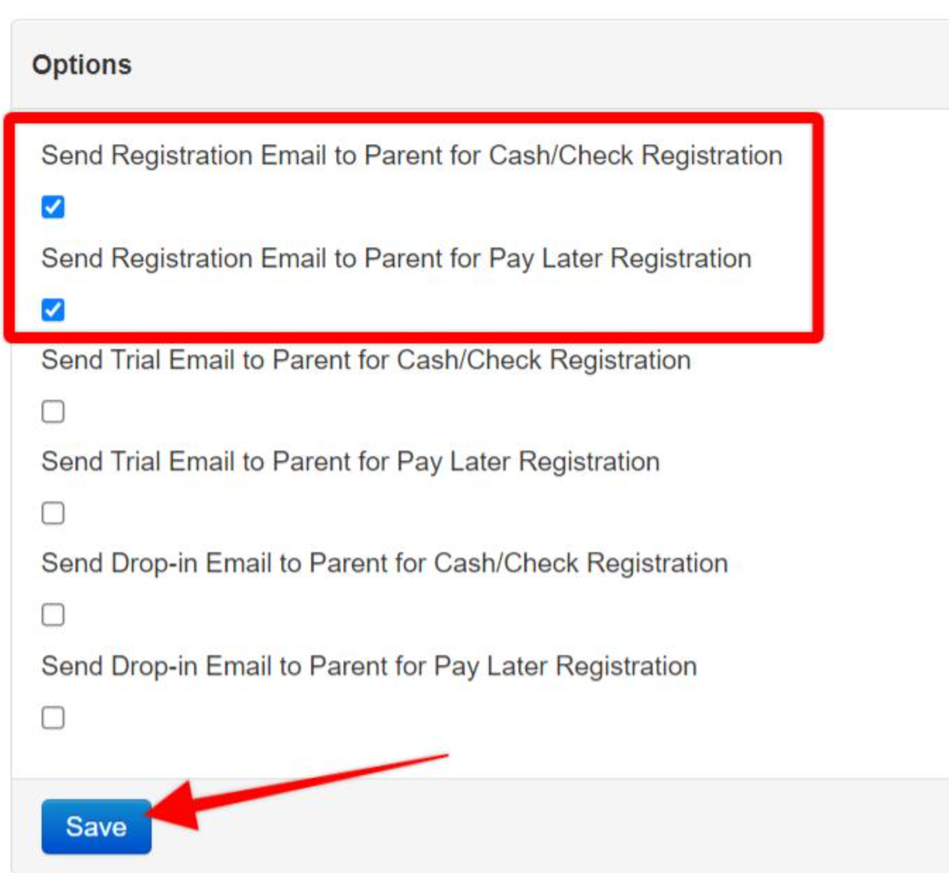 Options menu with email settings and Save button.