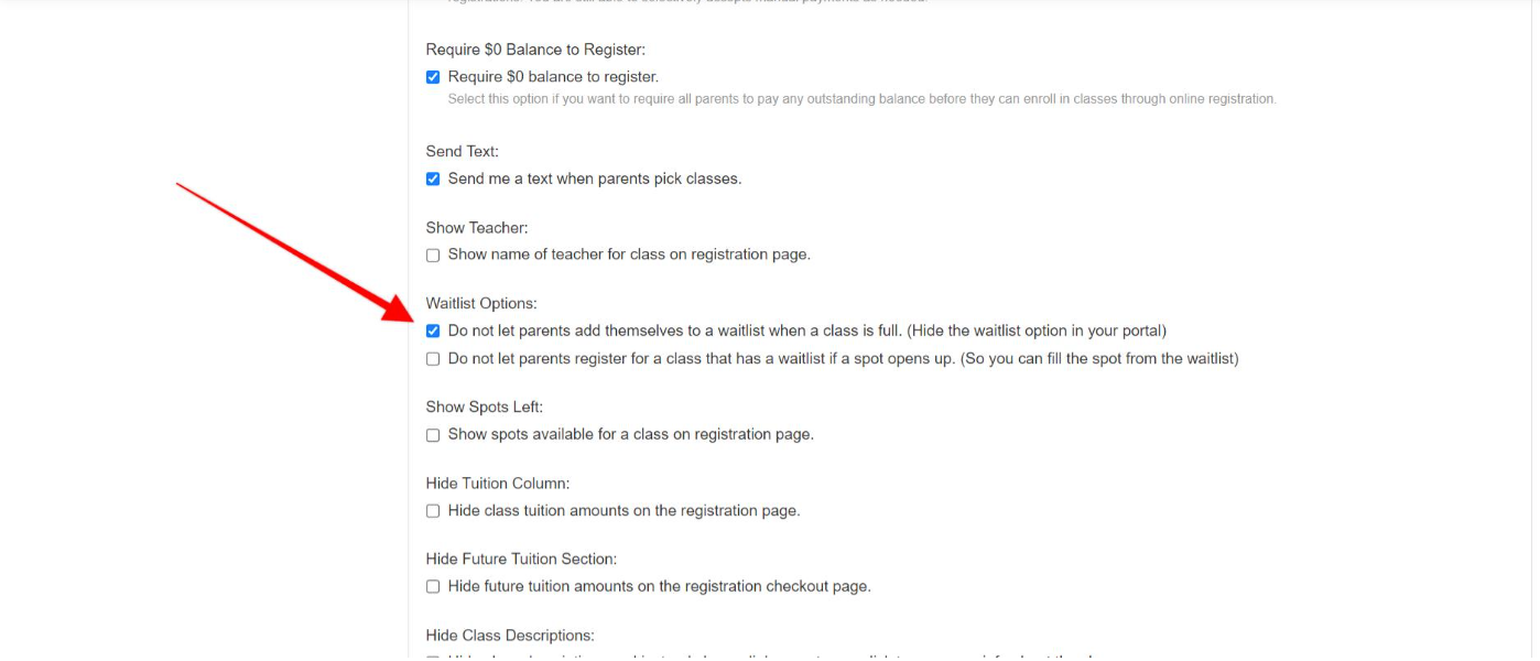 Waitlist options settings with checkboxes.