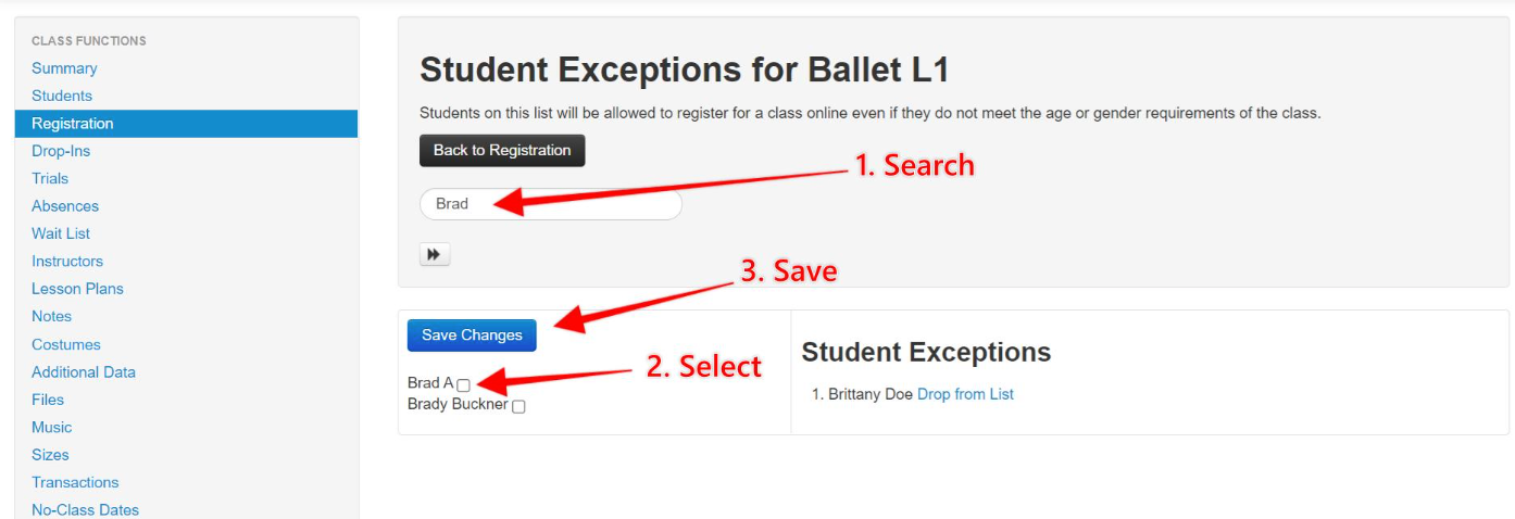 Student exceptions registration interface