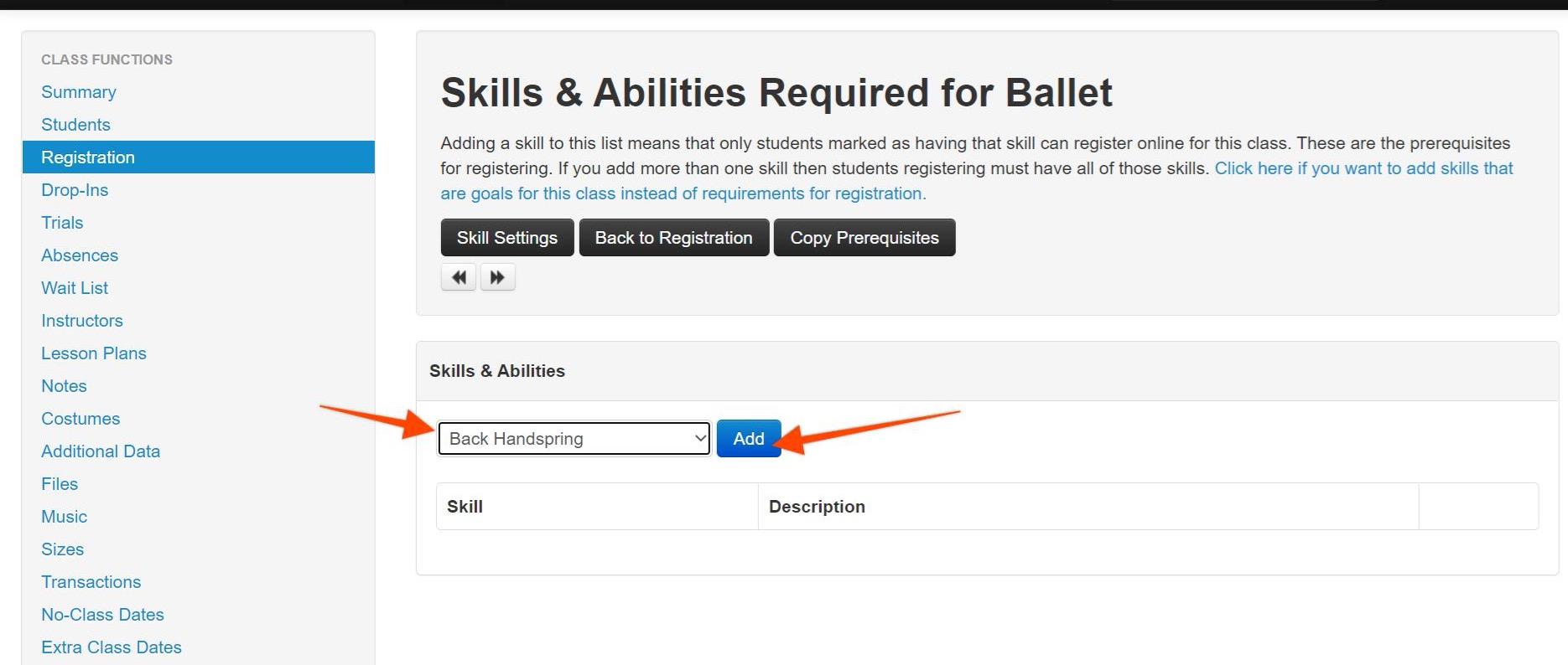 Skills required for ballet registration page.