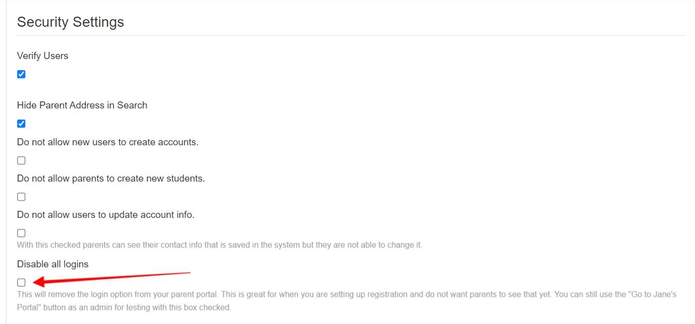 Security settings options with checkboxes
