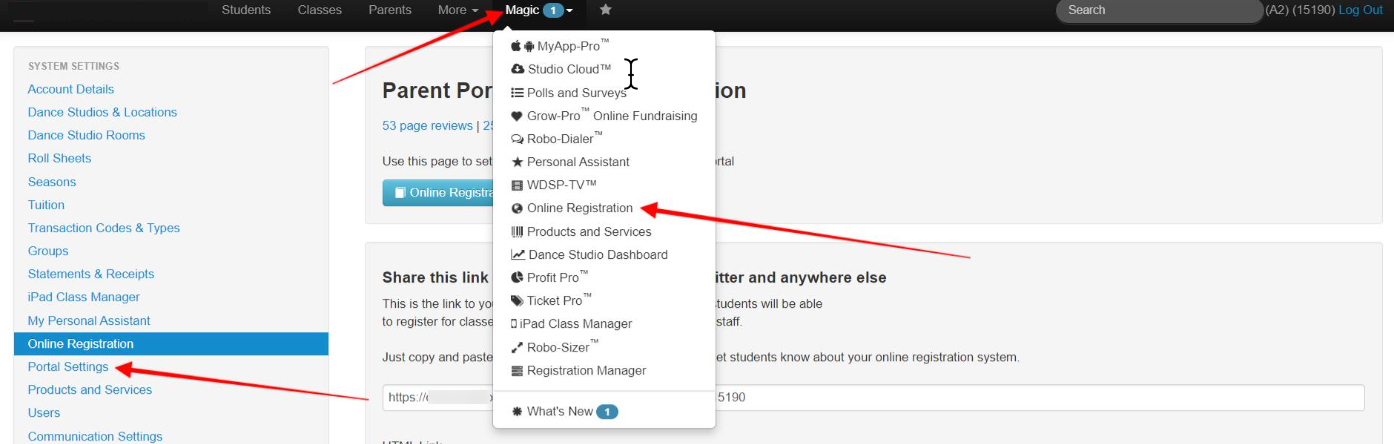 Online registration menu highlighted on webpage.
