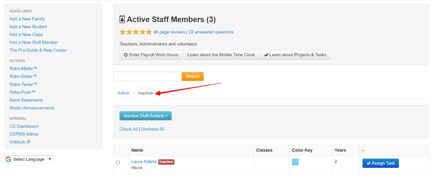 Inactive staff member list interface.
