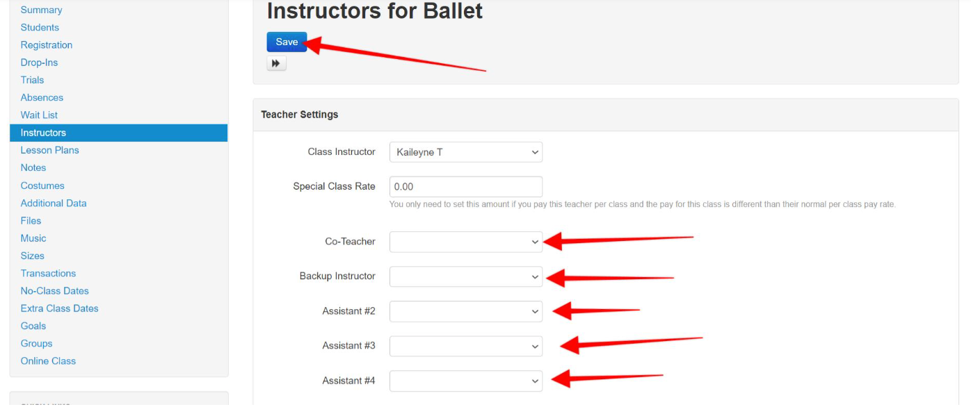 Instructor settings form for ballet class.