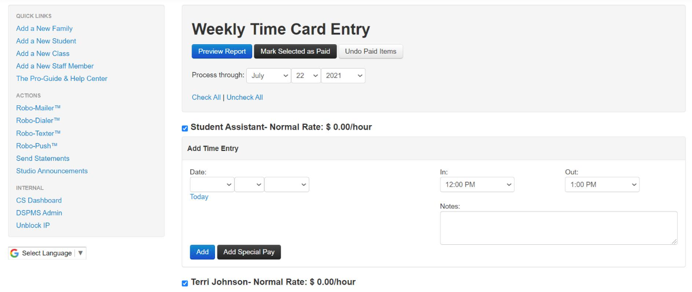 Weekly Time Card Entry interface