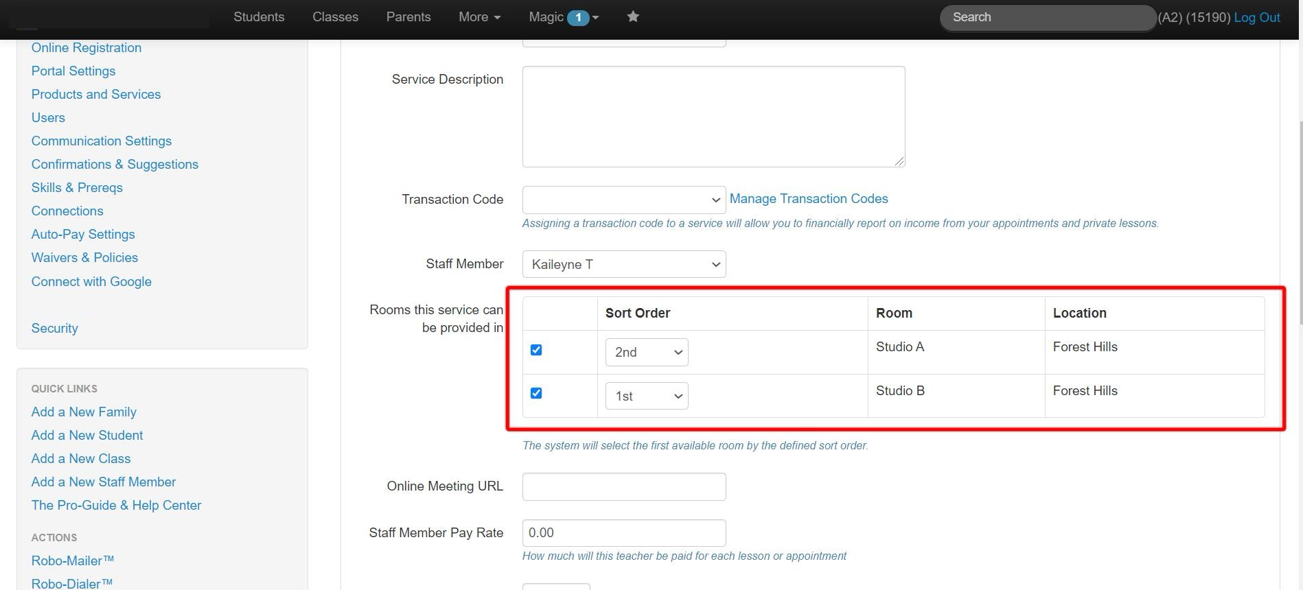 Room sort order settings interface.
