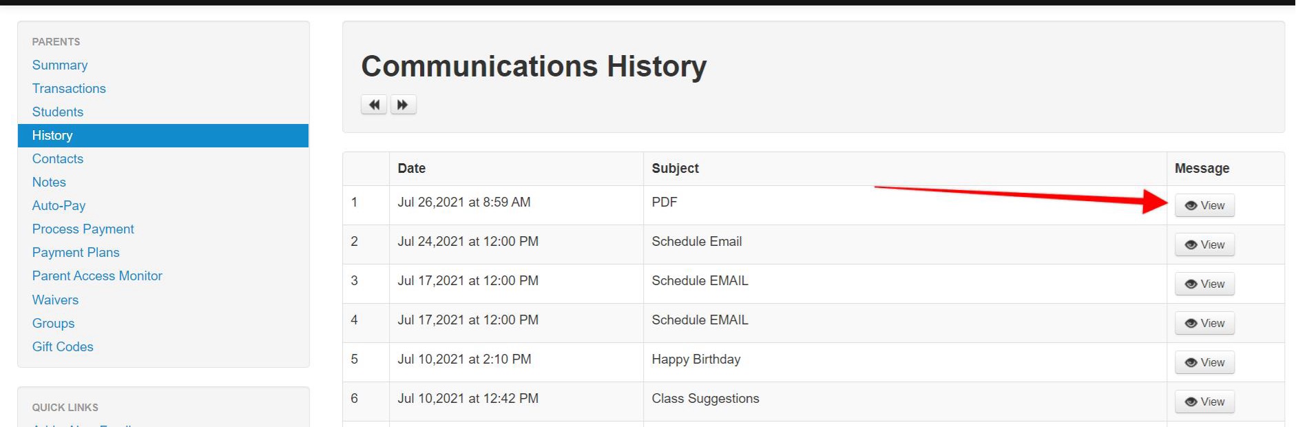 Communications history table with view buttons.