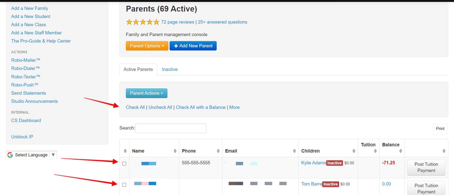 Parent management console interface
