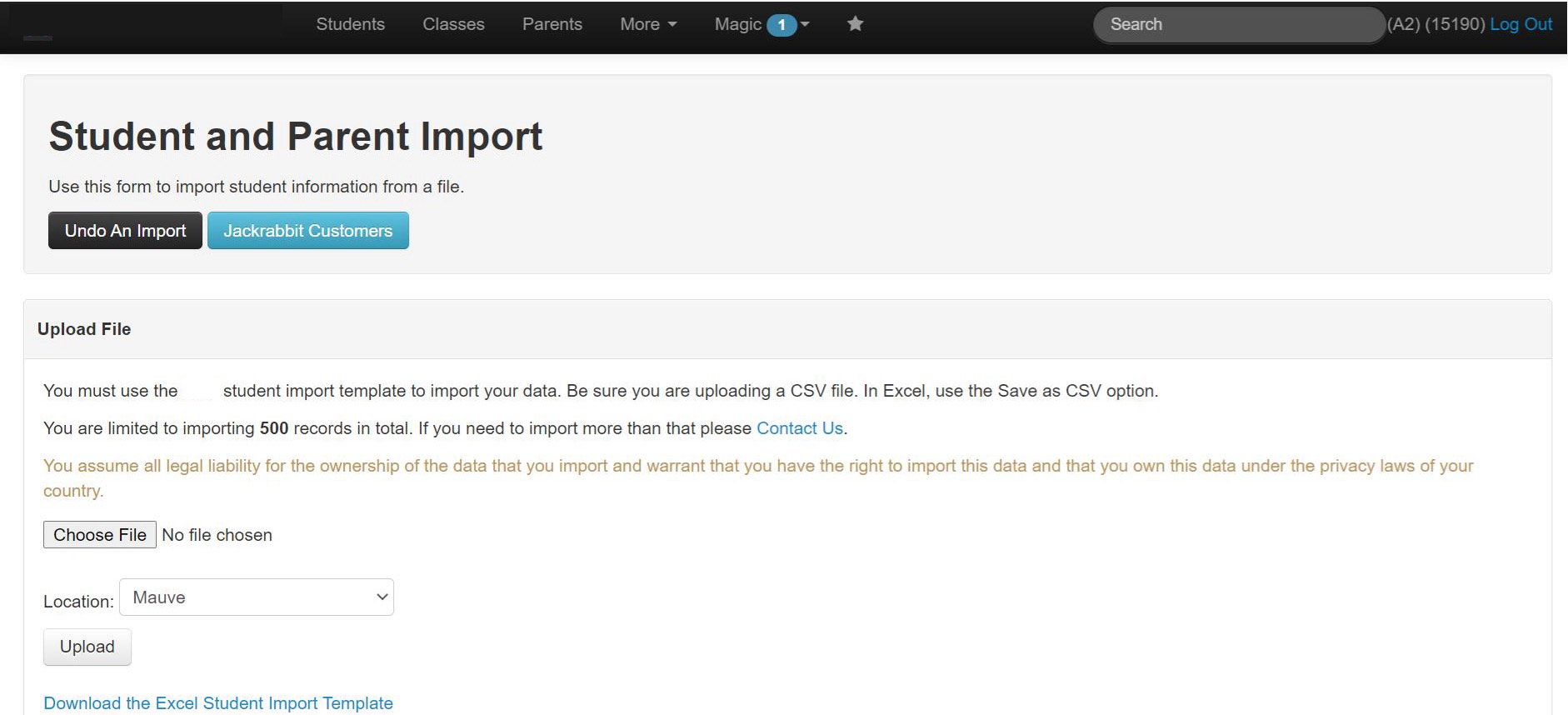Student and Parent Import page interface
