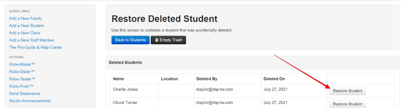 Restore Deleted Student interface screen.