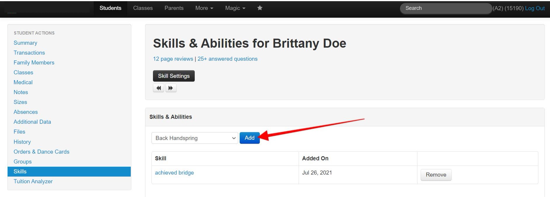 Skills & Abilities page interface.