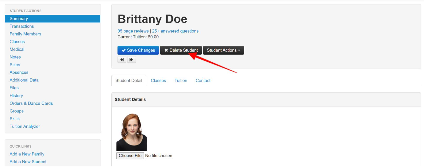 Student profile management interface.