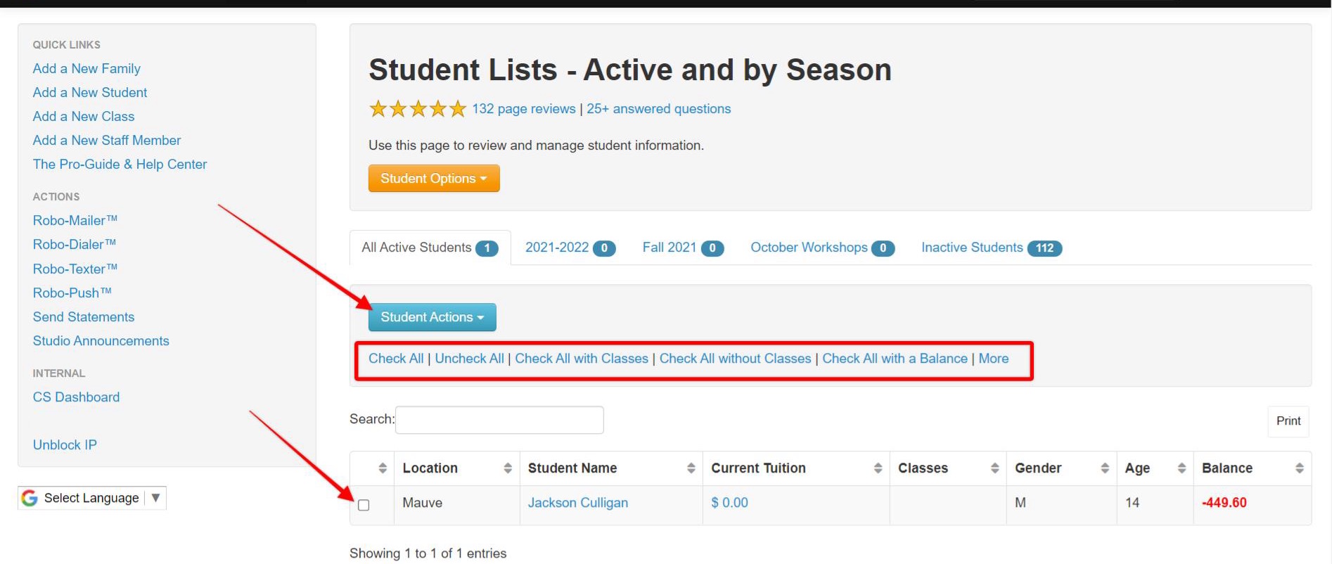 Student management interface with options.