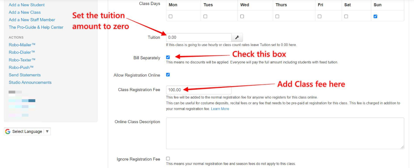 Class registration fee setup instructions