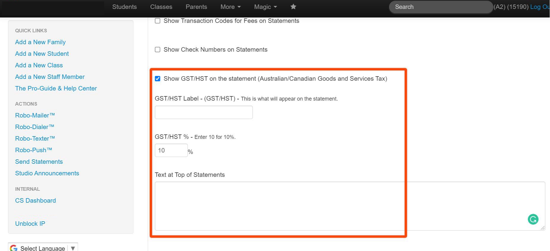 GST/HST settings on statement page.