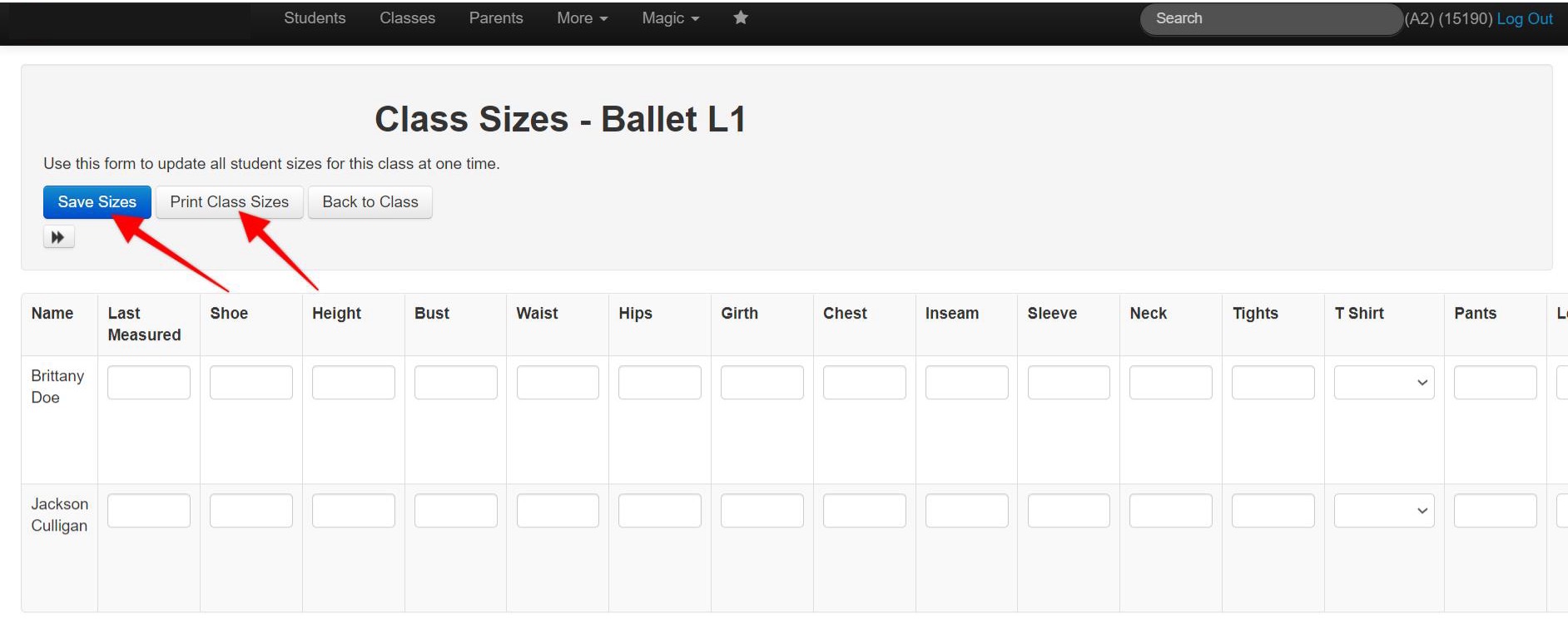 Class sizes form with save button highlighted.