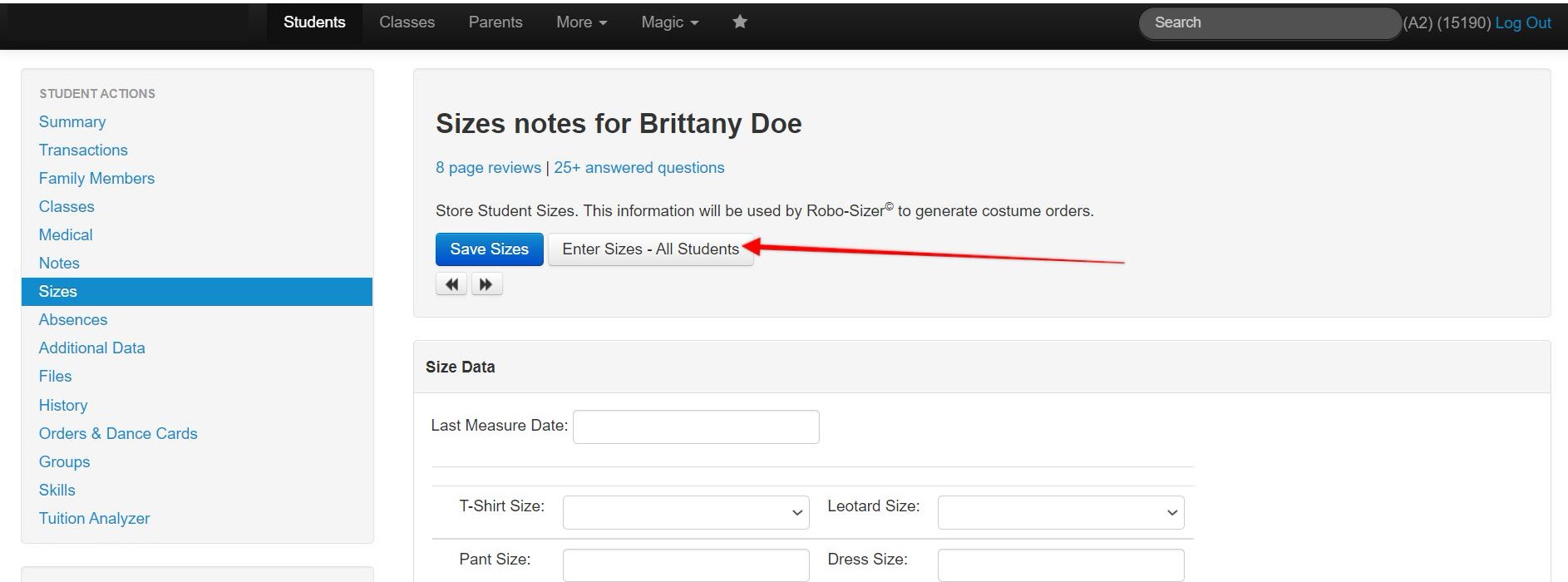 Student size entry interface screenshot