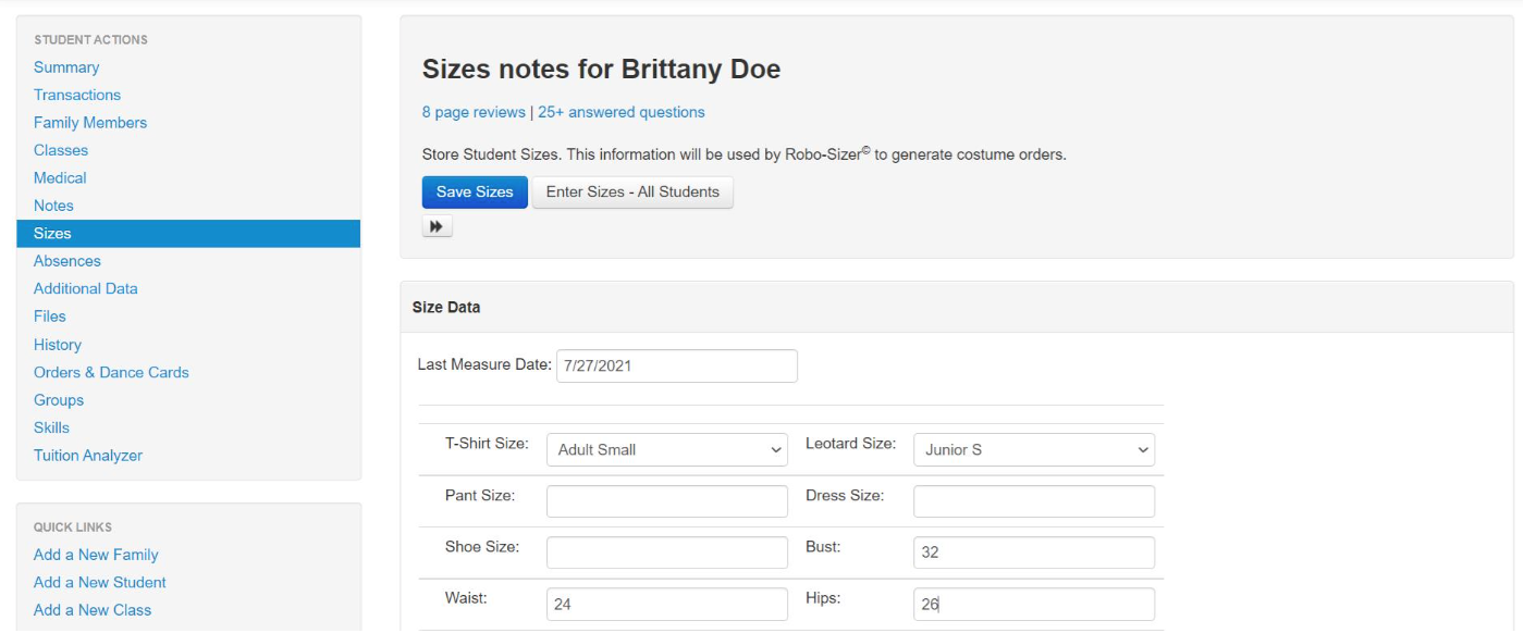 Student size data entry form.
